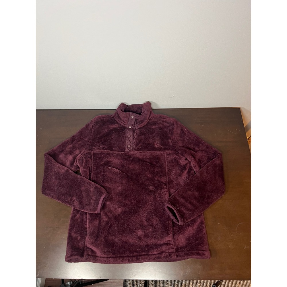 Lands End Womens Fleece Pullover Snap Mock Neck Burgundy Medium 10-12 Plush Cozy